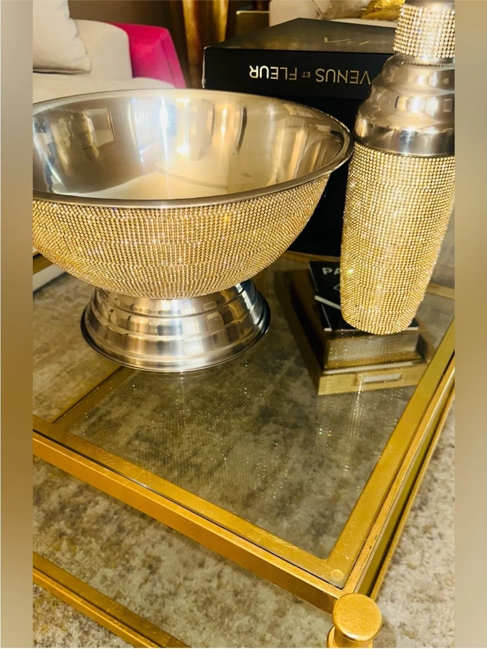 Gold Crystal-Embellished Martini Glasses and Champagne Bucket Set